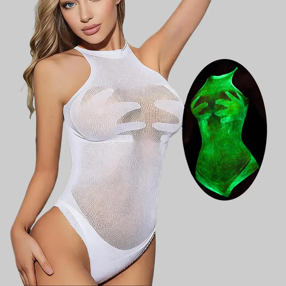 Glow in the Dark Mesh Bodysuit - Luminous Cutout Sleeveless Bodycon