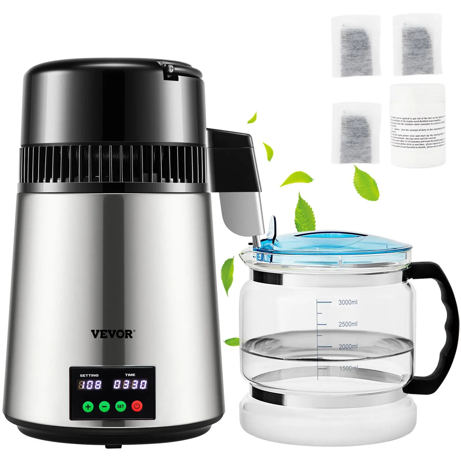 【Summerfinds】VEVOR 1.1 Gal Water Distiller, 0.3 Gal/H, 750W Distilled Water Maker Machine 0-99H Timing Set Temp Display, 304 Stainless Steel Countertop Distiller Glass Carafe Cleaning Powder 3 Carbon Packs, Silver