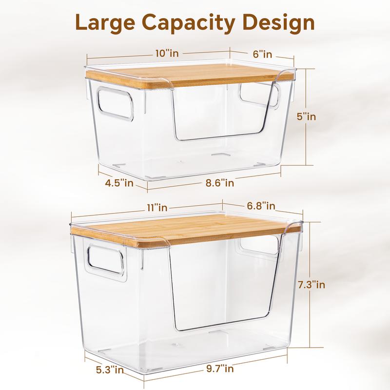 Criusia High-Quality Plastic Food Storage Box with Wooden Lid for Organizing Fruits Vegetables and Spices Transparent Design