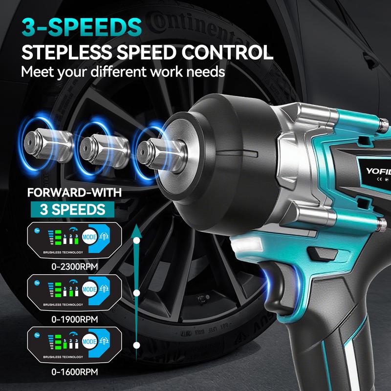 YOFIDRA Cordless Impact Wrench 1/2" Drive 1700Nm High Torque Power Tool Kit, 3-Speed Brushless Electric Wrench with 2×3.0Ah 1500mAh Batteries, Fast Charger, 17/19/21/22mm Sockets, LED Light, Compatible with Makita 18V Battery half inch