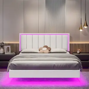 [DealsForYouDays][Summerwins] HOMBCK Full Queen King Size Floating Bed Frame With LED Lights, Upholstered Full Queen Bed Frame And Headboard, Solid Wood Slats Support, Bed Frame Queen, No Box Spring Needed, Noise-Free, Easy Assembly, White, Black