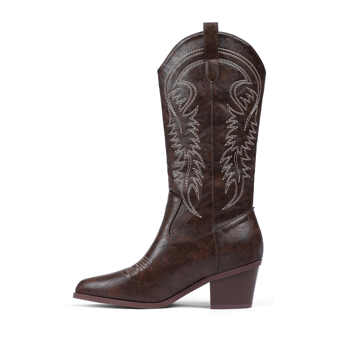 EROCALL Women's Western Knee High Cowboy Boots Embroidered Wide Calf Cowgirl Boots with Chunky Block Heel for Fall Winter