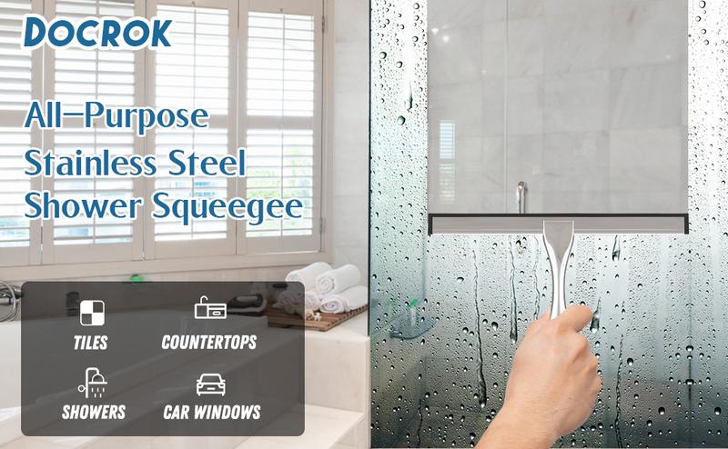【NewYear2026】All-Purpose Stainless Steel Shower Squeegee for Shower Glass Door with 2 Adhesive Hooks, Bathroom Cleaner Tool Household Window Mirror Squeegee , Cleaning Tile Wall, Car, 10 Inch Silver