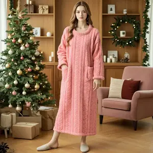 Winter Long Sleeve Double Pocket Flannel Nightgowns Women Loose Solid Sleepwear Jacquard Night Dress Thickened Warm Nightdress Womenswear Elegant Basic Minimalist