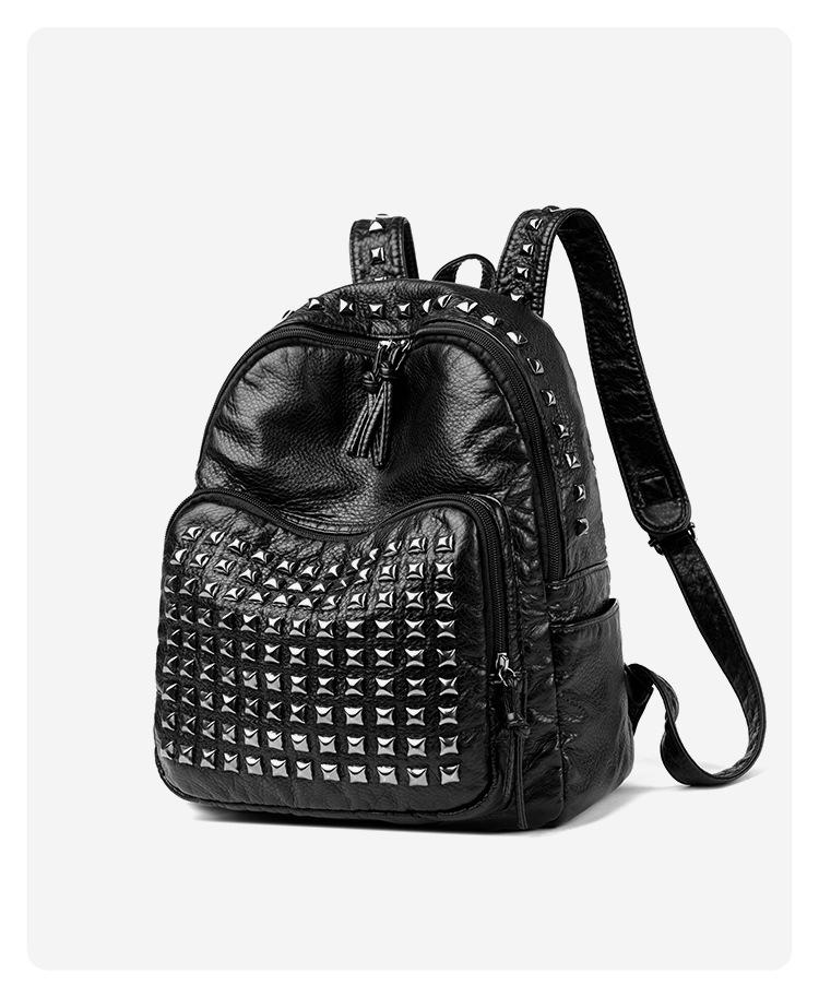 Multifunctional Handheld Backpack Solid Color Rivet Punk Backpack for Vacation Travel Soft Leather Cool Silver Studs Black Studded Design Water Resistant Laptop
