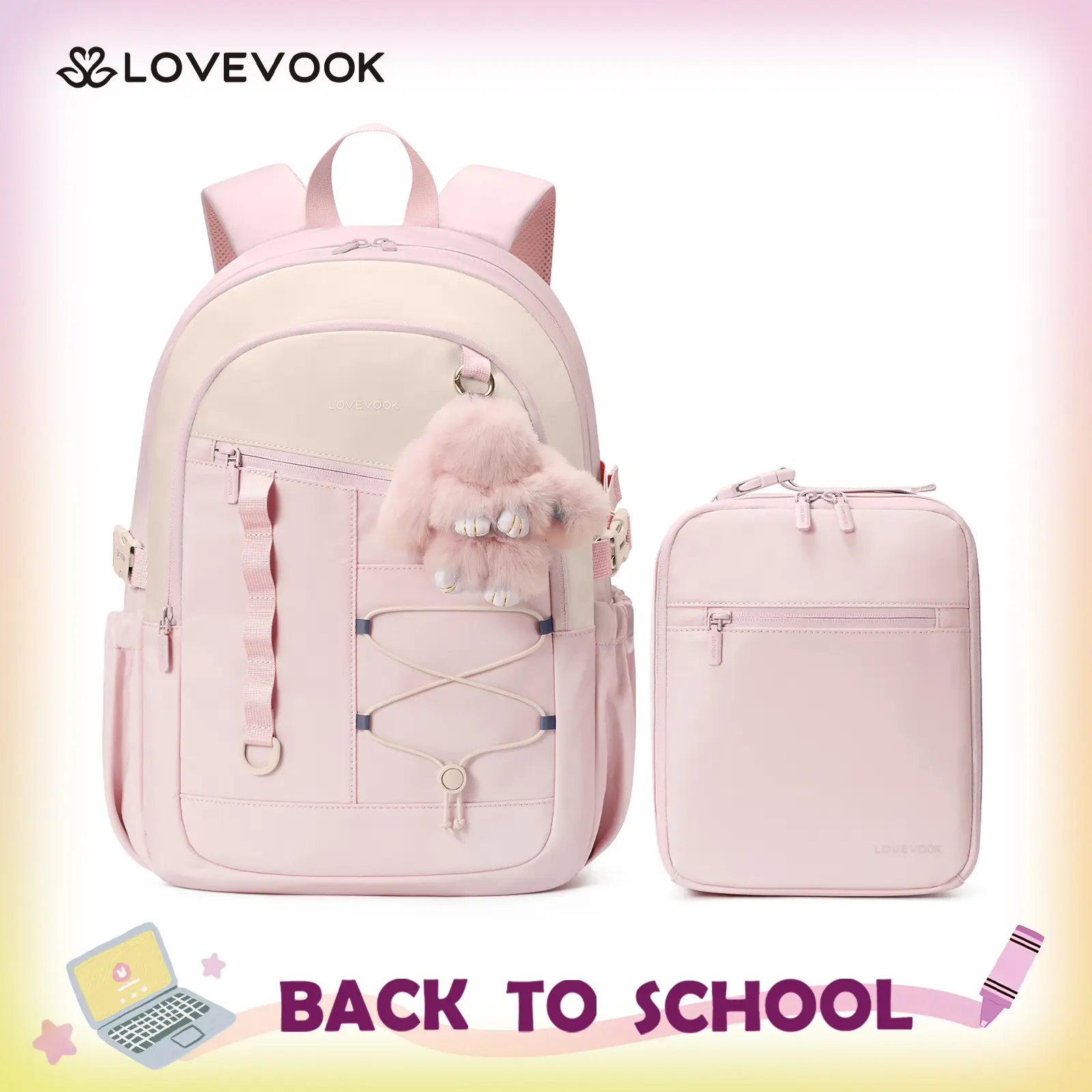 LOVEVOOK School Backpack for Girls, Large Capacity 15.6 Laptop Backpack with Tumbler Pockets, Multi-Compartment Backpacks with Lucky Bunny Charm, Water-Resistant Travel Backpack, TikTokShopBackToSchool
