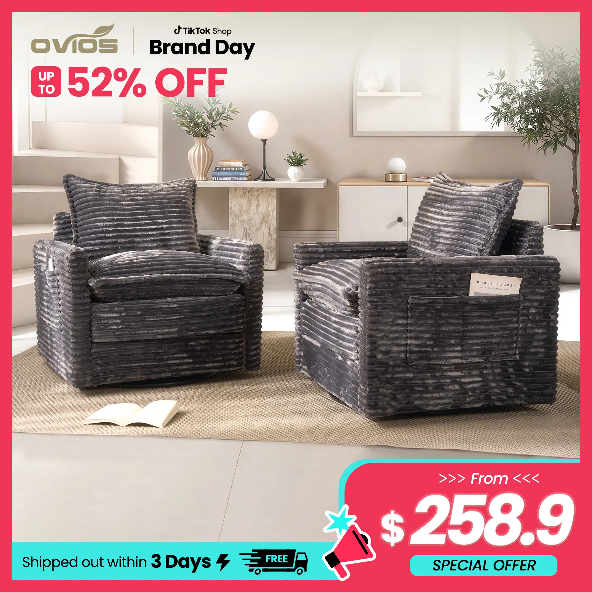 【Summerfinds】Ovios 2 Pcs Plush Corduroy Swivel Chair with Ottoman, Oversized 360° Swivel Chair with Side Pockets, Extra-Wide Seat with Thick Cushion, 400 lb Capacity - Easy Assembly Assembly