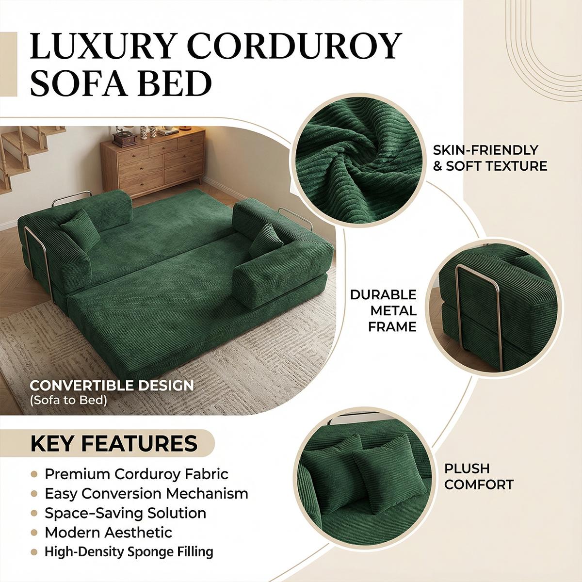 79" Convertible Sleeper Sofa Bed with Cylindrical Pillow Corduroy Folding Mattress Couch Fixed-Shape Frame Modular Compressible Living Room Sofa Set Vintage Suede Comfortable Lounge Chair Lazy Sofa Bean Bag Bedroom Sleeper Modern Cloud Loveseat