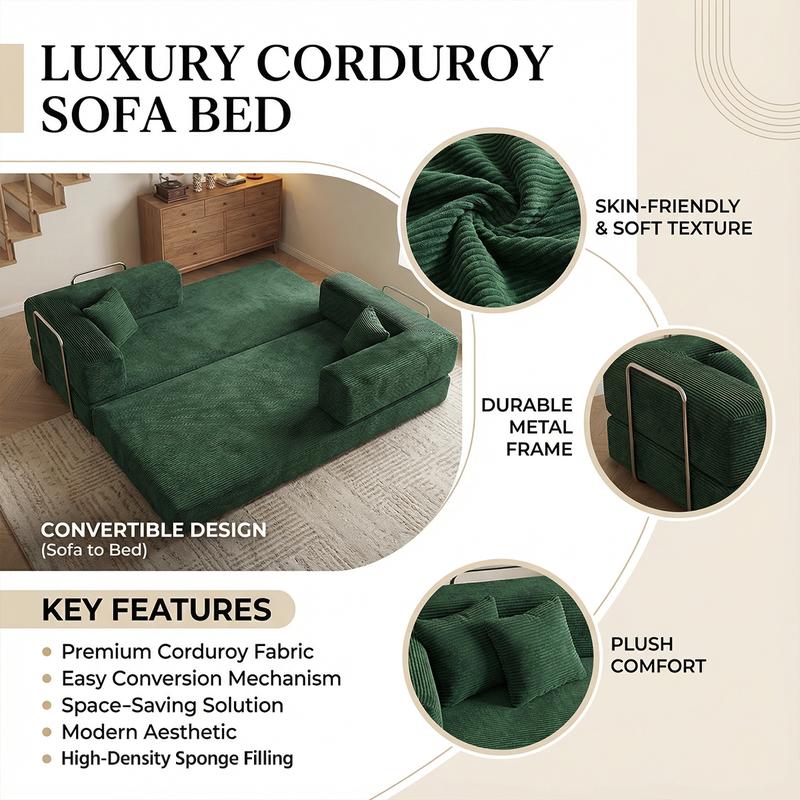 79" Convertible Sleeper Sofa Bed with Cylindrical Pillow Corduroy Folding Mattress Couch Fixed-Shape Frame Modular Compressible Living Room Sofa Set Vintage Suede Comfortable Lounge Chair Lazy Sofa Bean Bag Bedroom Sleeper Modern Cloud Loveseat