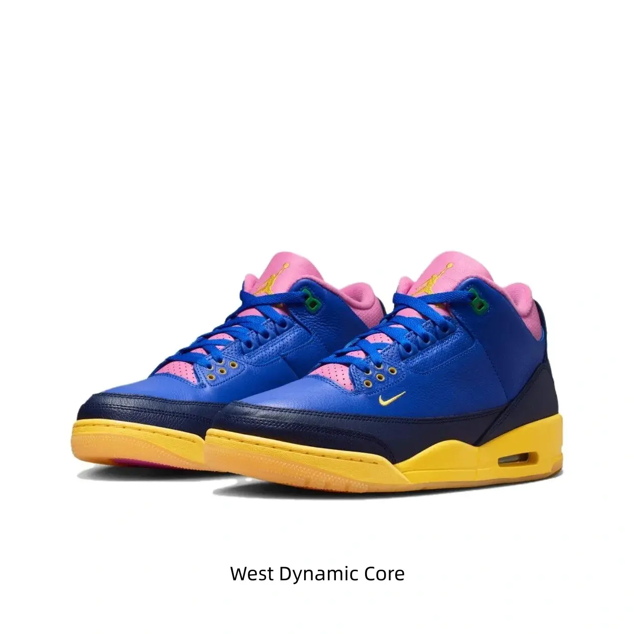 Racer Blue Leather Mid-Top Sneakers with Pink, Yellow, Green Color Blocking and Yellow Elephant Print