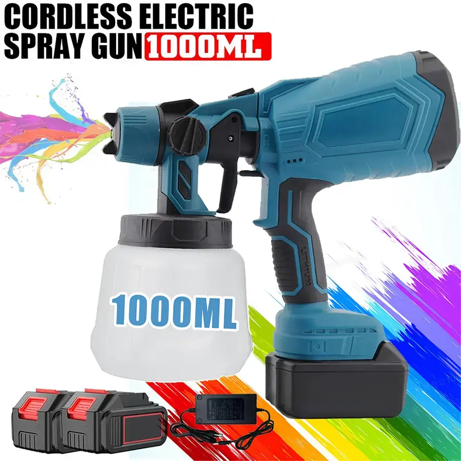 Cordless Paint Sprayer With 2 Rechargeable Batteries, Spray Paint Gun With 4 Copper Nozzles & 3 Spray Patterns, Electric Paint Sprayer Gun For House, Walls, Yard Fences, Wooden Furniture Painting