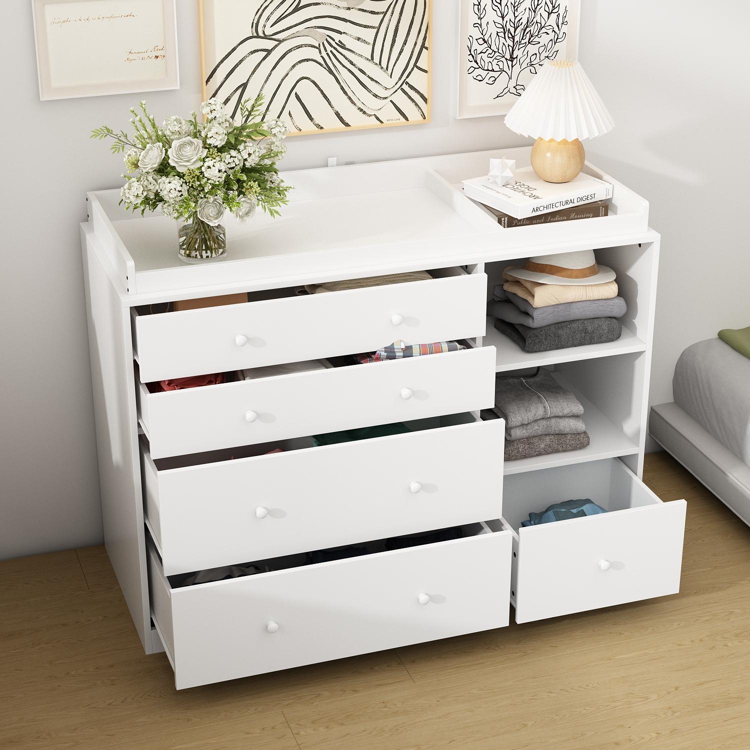 FUFU&GAGA 5-Drawer Dresser with Open Shelves, Modern White Chest of Drawers with Knobs, Storage Cabinet for Bedroom & Living Roomfor the Bedroom Furniture Organizer
