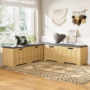 OPUL 3-Piece L-Shaped Multifunctional Storage Bench with Padded Shoe Bench, Serves as A Kitchen Corner Stool, Toy Storage Box or Reading Nook Seat, Natural Color for Entryway Dining Room, Kitchen, 63"D x 63"W x 19.1"H