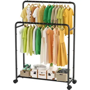Clothing Clothes Rack Double Rods with Wheels, Rolling Metal Garment Rack for Hanging, Black