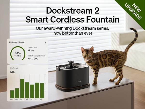 PETLIBRO APP Monitoring & Cordless Cat Water Fountain,Cordless Cat Fountain Battery Operated, App Monitoring 3L/101oz Dockstream 2 Pet Water Fountain with Stainless Steel Tray, 5GHz WiFi Dog Water Bowl Dispenser