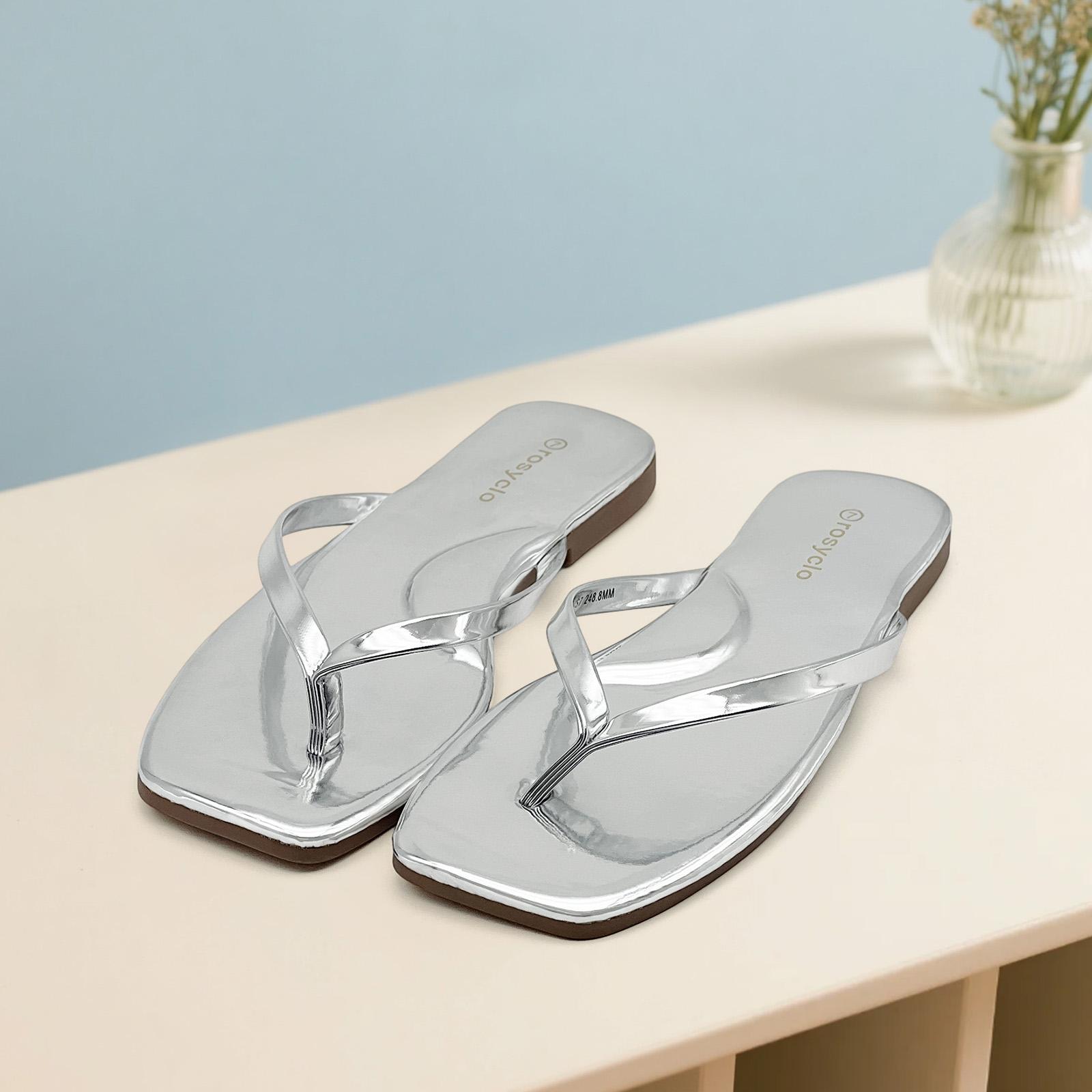 Lumubby Shiny Mirror PU Square-Toe Flip Flops Unisex Comfort Casual Sandals for Daily Wear Lightweight Easy to Clean Stylish Design Summer Shoe Flipflop