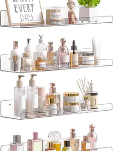 4 Pack Acrylic Shelves for Bathroom Storage, 15- for Perfume, Make up, Skincare, Kids Bookshelf for Bedroom, Nursery, Living Room Decor, Clear.