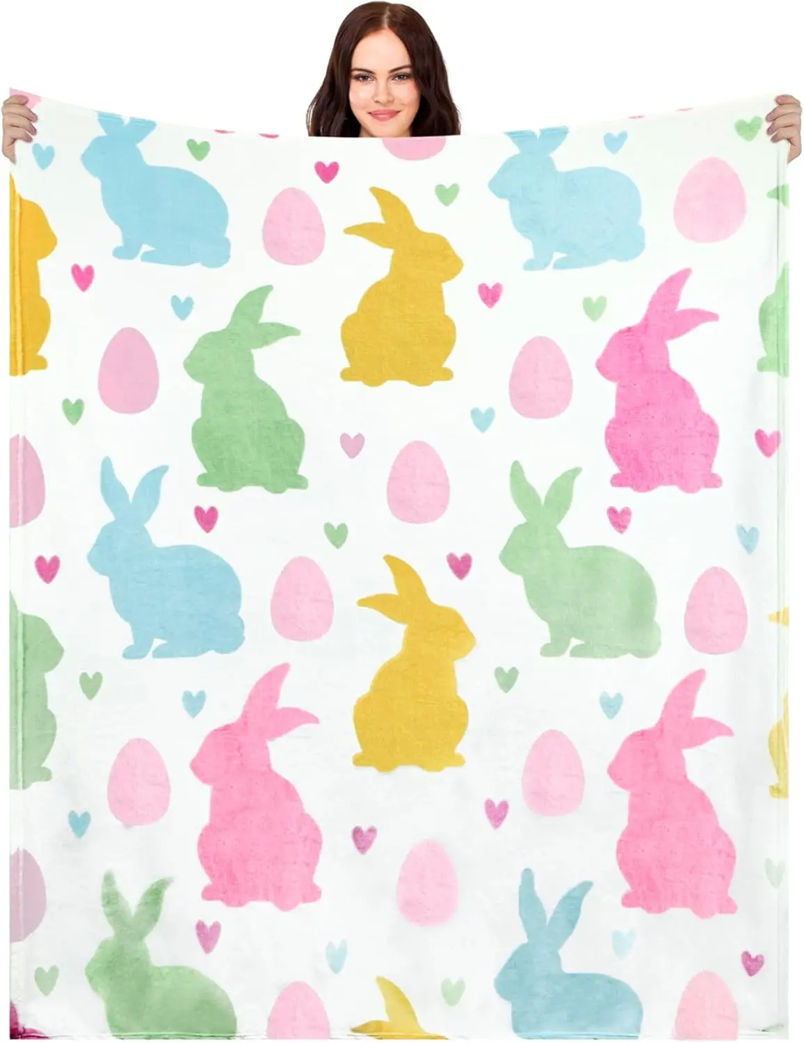 Easter Blanket Spring Bunny Rabbit Eggs Soft Flannel Colorful Decorative Throw Blanket Decor Holiday Square Birthday Gift for Easter Home Couch Sofa Bed Room Decoration