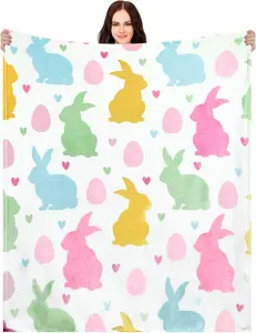 Easter Blanket Spring Bunny Rabbit Eggs Soft Flannel Colorful Decorative Throw Blanket Decor Holiday Square Birthday Gift for Easter Home Couch Sofa Bed Room Decoration