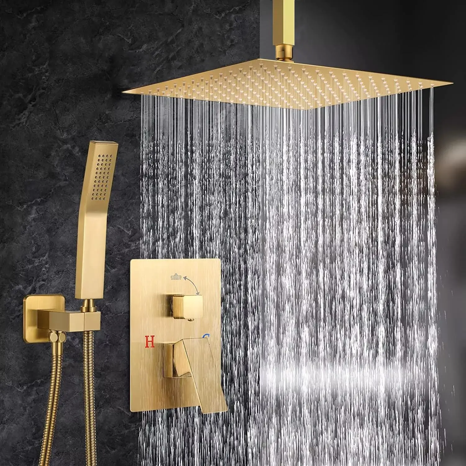 1set Shower System, 12 Inch Square High Pressure Rain Shower Head, Bathroom Luxury Rainfall Shower System Combo Set With Handheld Sprayer, Ceiling Mounted Shower Faucet Set, Rough-in Valve Body And Trim, Bathroom Accessories, Brushed Gold