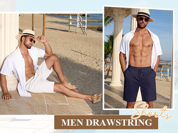 COOFANDY Men's Linen Shorts Casual Summer Beach Shorts Elastic Waist Drawstring Vacation Shorts with Pockets