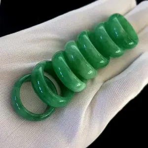 Natural Green Jade Jadeite Ring Mid-wide Band, Width 8-9mm, Size 10-12
