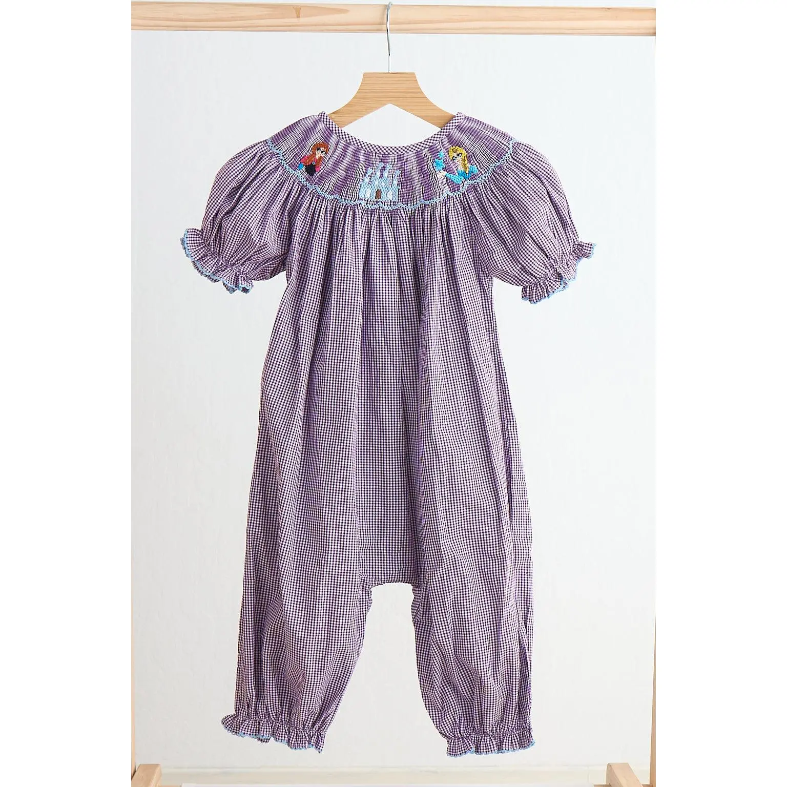 Purple castle hand smocked gingham girl romper