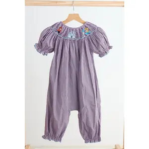 Purple castle hand smocked gingham girl romper