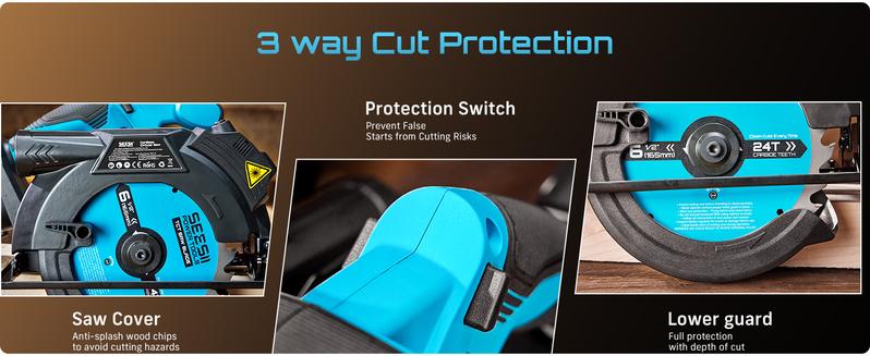 SeeSii MAX Circular Saw 6-1/2“, with Light, Laser Guide, Rechargeable, Includes 2x4Ah Batteries and Auxiliary Handle, 5200 RPM, 0-45° Bevel Angle, Portable with Adjustable Depth Circular Saw for Outdoor Work, Home DIY, and Professional Use CS610B