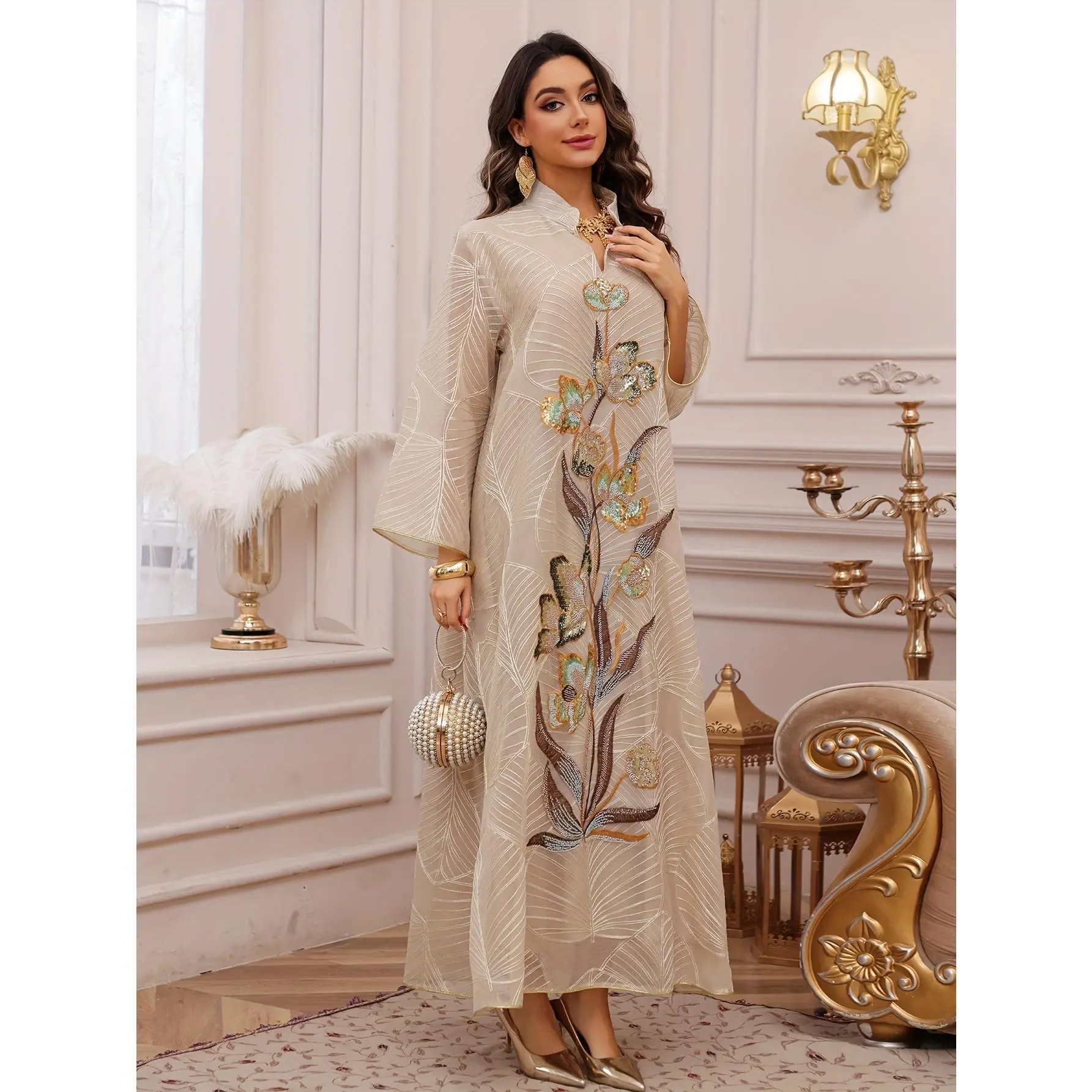 Traditional Style Sequin Mesh Dress Kaftan for Middle Eastern Women, Evening Gown Abayas for Festive Occasions, Modest Fashion, Abaya Fashion, Elegant Islamic Clothing, Embellished Open Abaya, Open Front Abayas, Glitter Abayas
