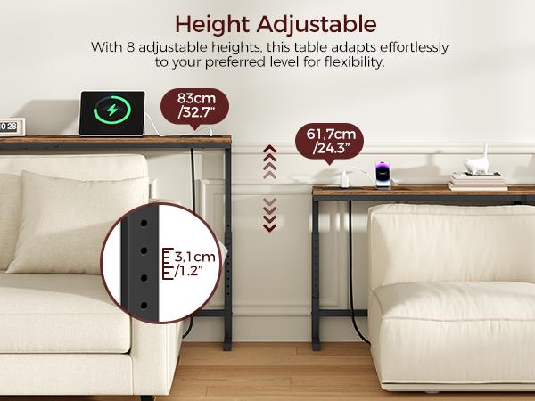 MAHANCRIS 78.7'' Narrow Console Table with 2 Power Outlets, Hallway Table with Adjustable Height, L-Shaped Behind Couch Table, for Hallway, Living Room, Bedroom, Rustic Brown