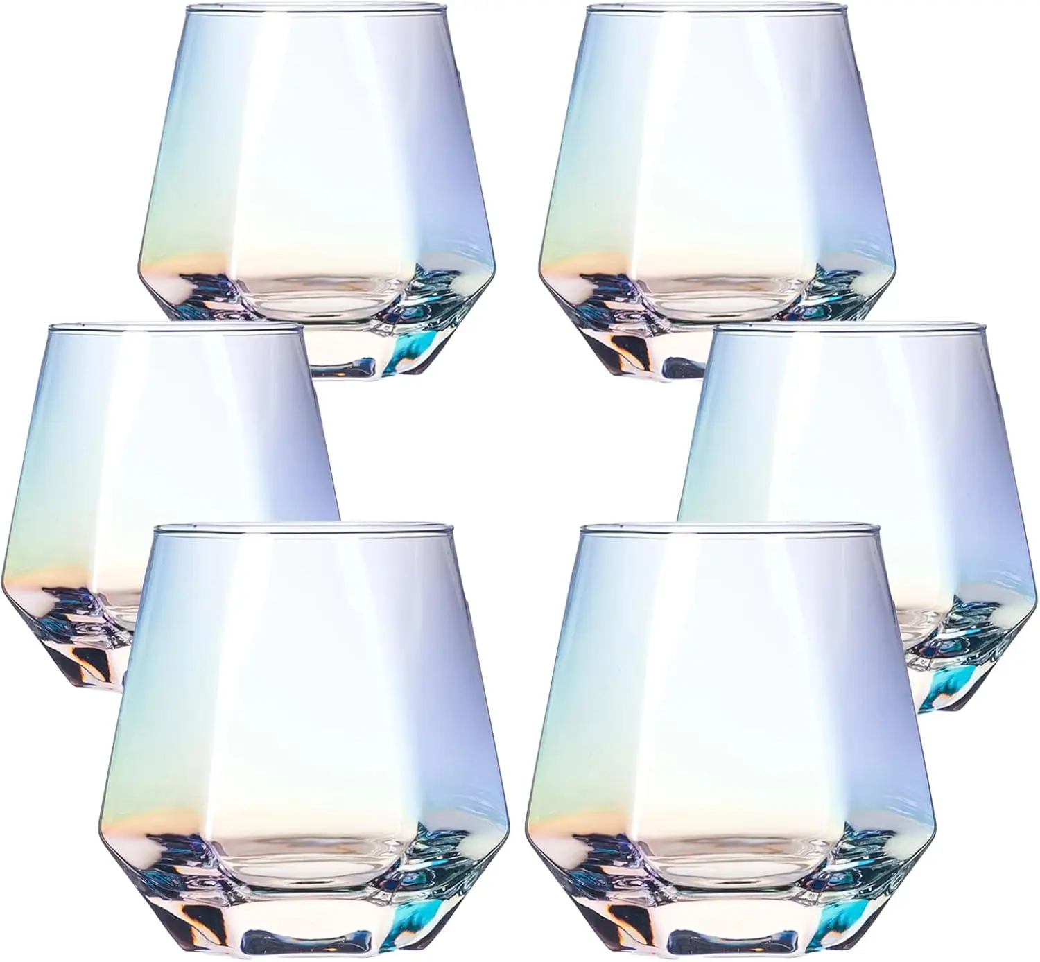 Stemless Wine Glasses Set of 6, Iridescent Glassware 10 oz Diamond Shaped Drinking Glasses, Modern Rainbow Wine Glass for Serving White Wine, Red Wine, Cocktail, Whiskey, Bourbon, Cool Water, Wine Lover Gifts