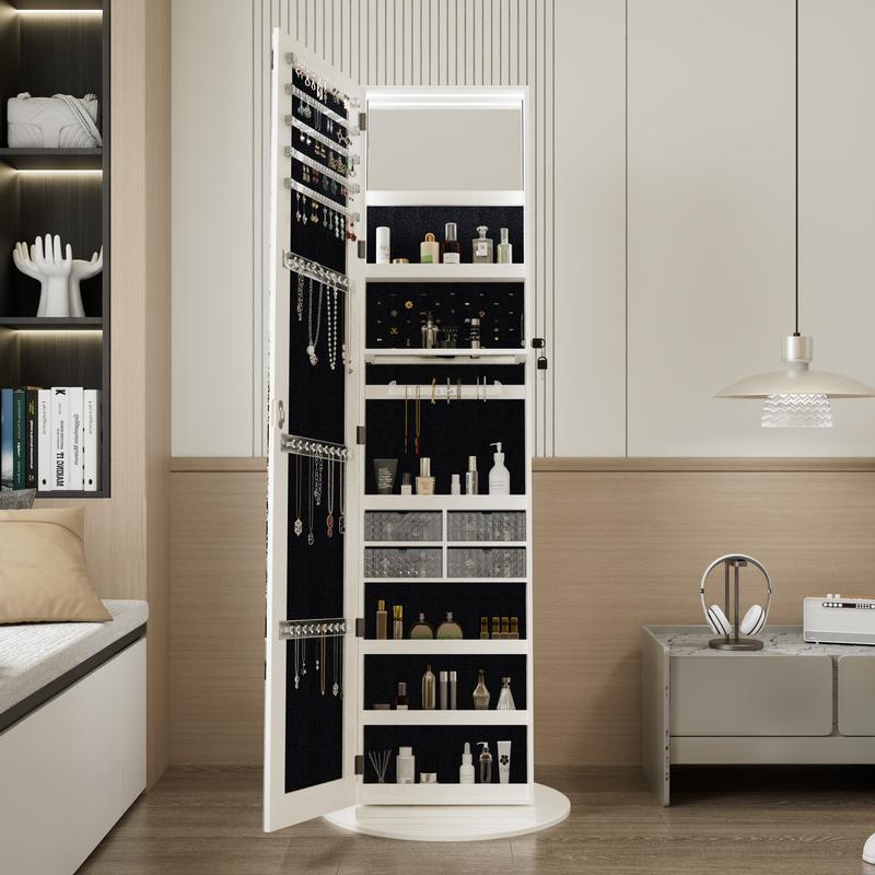 LED Mirror Jewelry Cabinet, 360° Swivel Rotating Armoire Organizer with Lock & Full-Length Mirror, Standing Storage