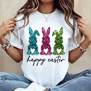 Women's White Three Color Glitter Bunny Tee, Happy Easter Print Casual Crew Neck Spring Festival Top