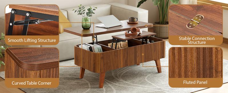 Giratree Fully Assembled Wooden Center Table, Fluted Lift Top Coffee Table with Hidden Compartment, Modern Oval Lift Tabletop for Home Living Room Office
