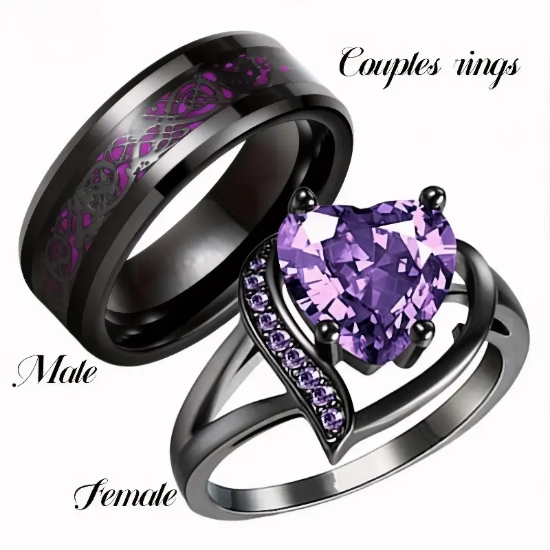 Yin-Yang Colorful Matching Rings for Couples, Artificial Gemstone Dragon and Heart Promise Ring Set, Hypoallergenic & Scratch-Resistant, Artificial Gemstone Ring