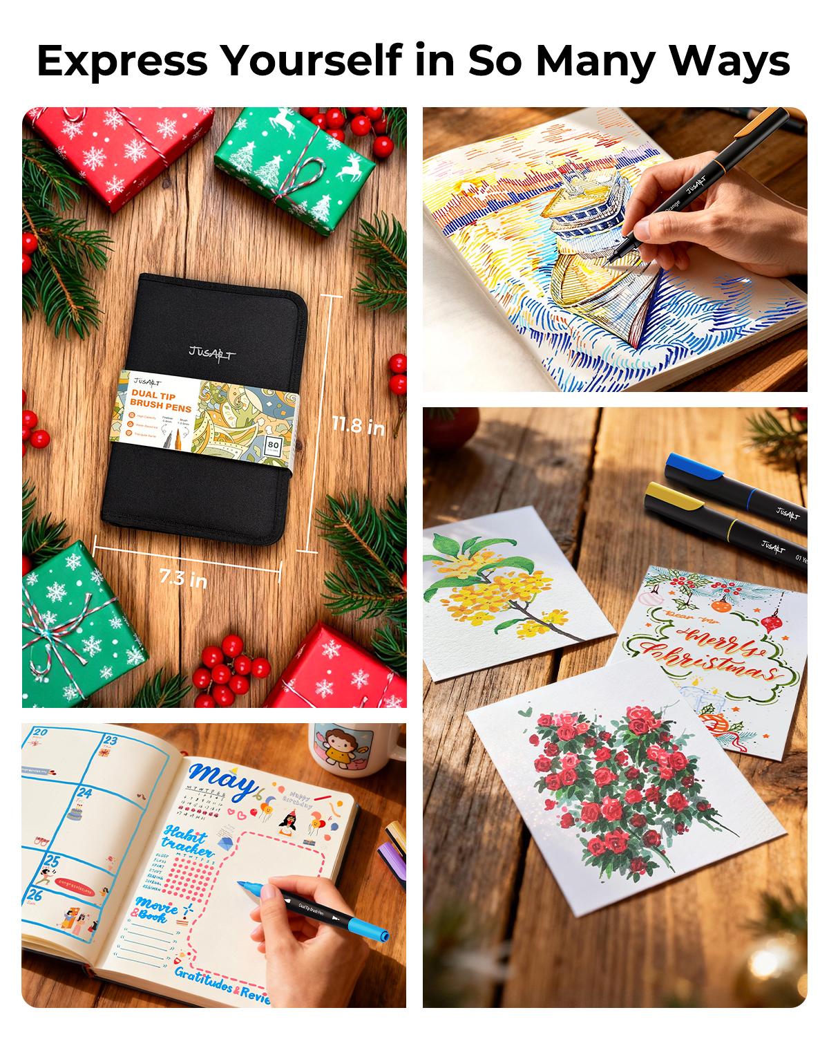 [JusArt] 100/80/60 Colors Coloring Markers with Dual Tips, Fine & Brush Pens with Ergonomic Triangle Grip & 33% More Ink, Water-Based Art Drawing Set for Adults, JusArt Markers for Adult Coloring Books No Bleeding