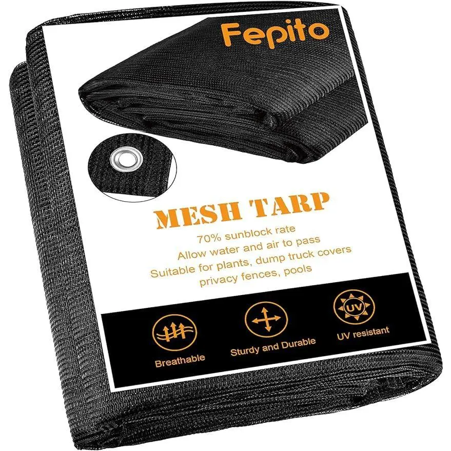 FEPITO Sturdy 70% Heavy-Duty Polyethylene Open Weave Mesh Tarpaulin Rain Cloth, 8ftx16ft Black, UV-Resistant, Grommeted-Edges Shade Net Cover, Outdoor Protection for Plants, Shaded Canopy