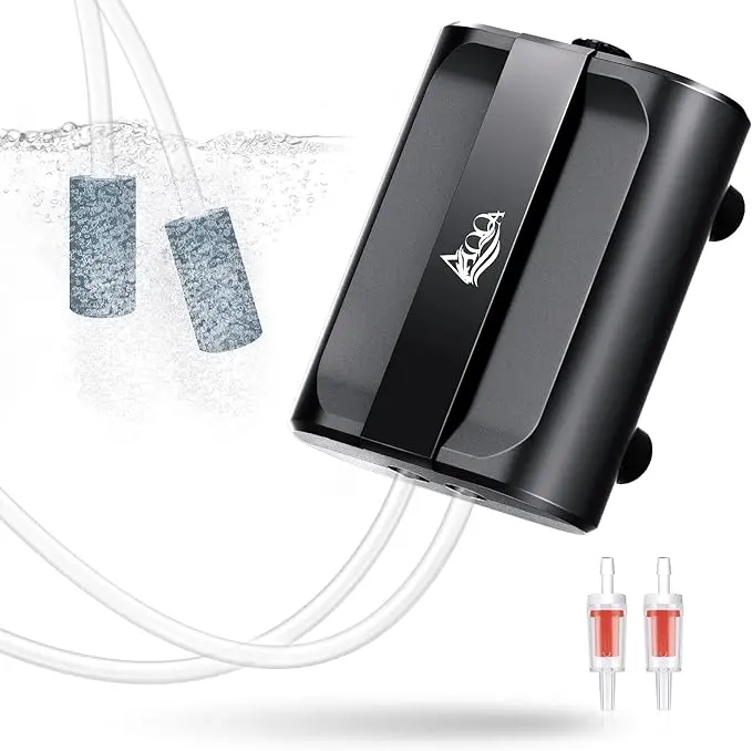 AQQA Aquarium Air Pump, 3.5W/5W Dual Outlet Oxygen Bubbler with 2 Air Stones, Adjustable Valve, Aquarium Supplies for Up to 160-Gal Fish Tanks