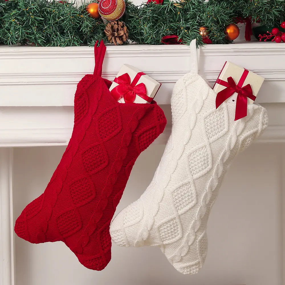 Bone Shaped Christmas Stocking, Large Size Rustic Cable Knit Holiday Decoration for Pets and Family, Farmhouse Mantel Hanging Sock
