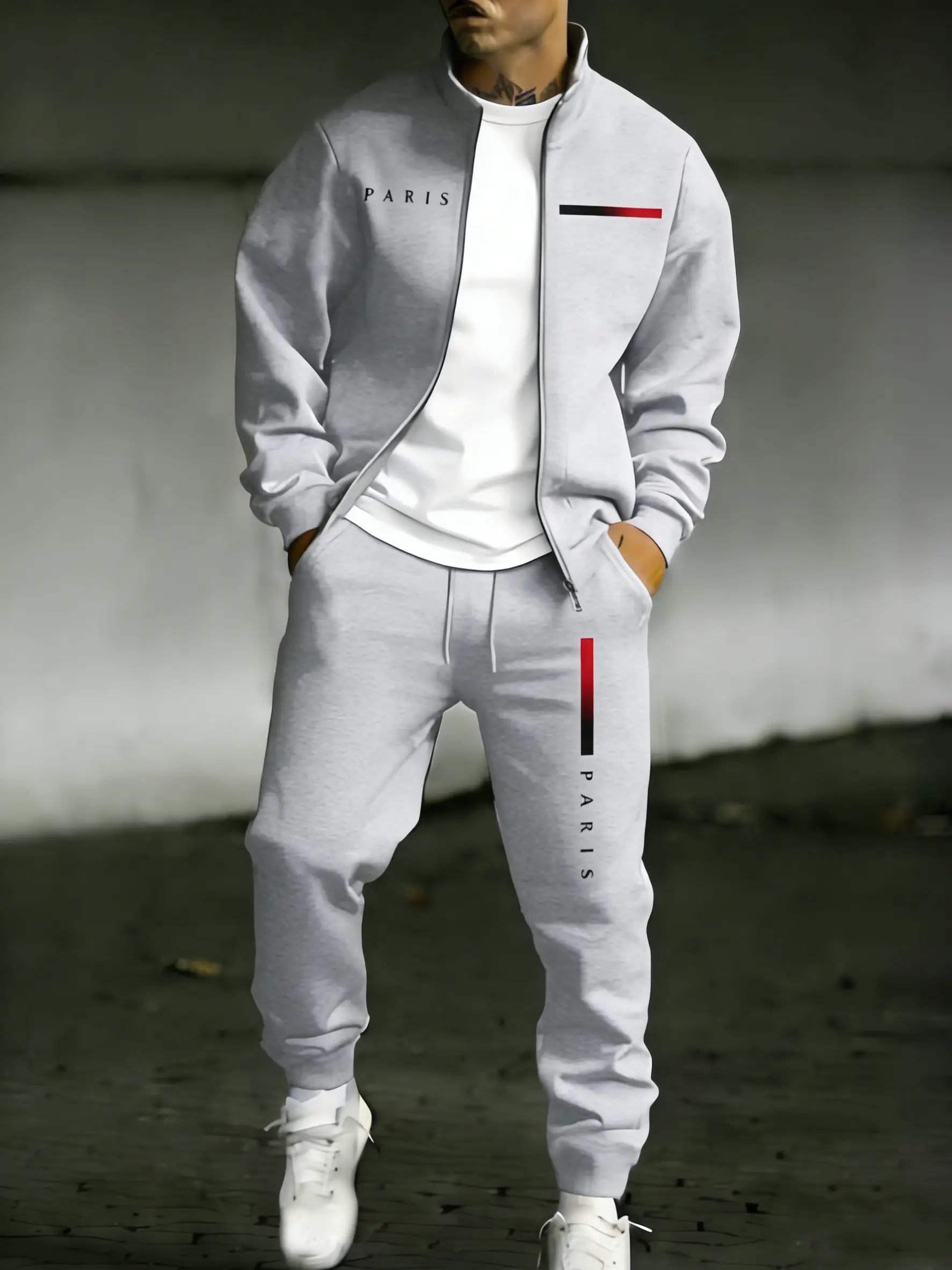 Male Long Sleeve 2-Piece Streetwear Tracksuit, Zip-Up Jacket with PARIS Letter Print, Loose-Fitting Casual Fit Jogger Pants, Machine Washable, 2-Piece Set, Normal Type, M, Polyester