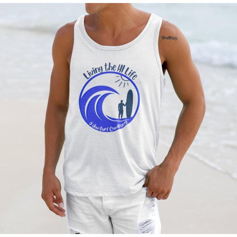 O'ahu Surf Company Men's Living the HI Life Hawaii - HI-Surf Tank Top, 100% Combed Cotton - Fabric Menswear Gym