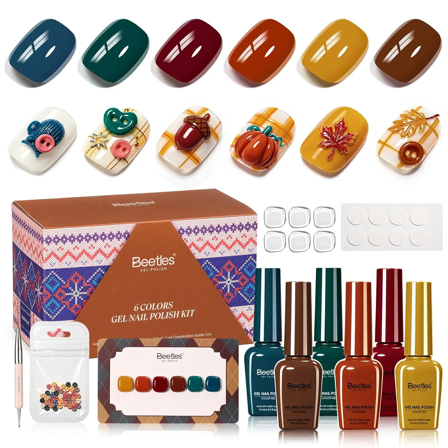 Beetles Fall Gel Nail Polish Set - Vintage Wilds, 6 Colors Fall Gel Polish | Fall Nail Art with 2-In-1 Nail Art Pen, Button, Color Card, Soak-Off UV LED, Long-Lasting for Salon, DIY & Holiday Manicures