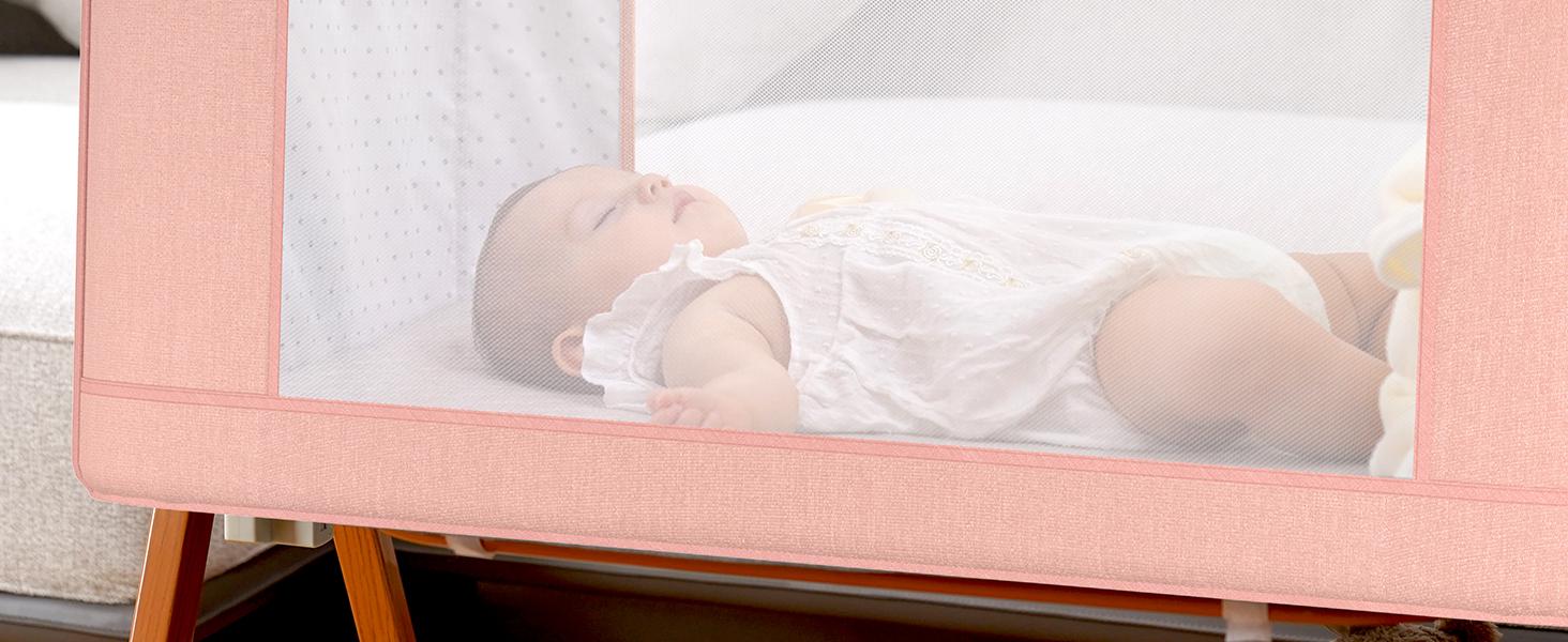 bassinetbaby 6 Height Adjustable Cribs Easy to Fold Portable Crib Side Bassinet Swing Cradle Bed Side Sleeper with Ventilated Net Wheels America Made