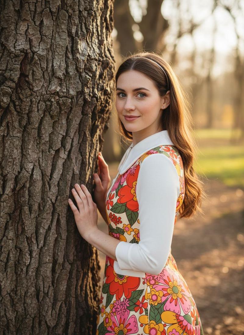 Retro Stage 1960s Orange Printed A-Line Dress with Peter Pan Collar, 3/4 Sleeves, Floral Patchwork Pockets, Lightweight for Commuting Casual Outings