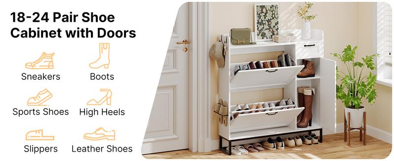 Gizoon 42" White Shoe Cabinet-2 Flip Drawers (Adjustable) Side Cabinet Storage Drawer Open Top-Side Hooks for Shoes Accessories-Space-Saving Entryway Hallway Organizer Gizoon 42" White Shoe Cabinet-2 Flip Drawers (Adjustable) Side Cabinet Storage Drawer Open Top-Side Hooks for Shoes Accessories-Space-Saving Entryway Hallway Organizer
