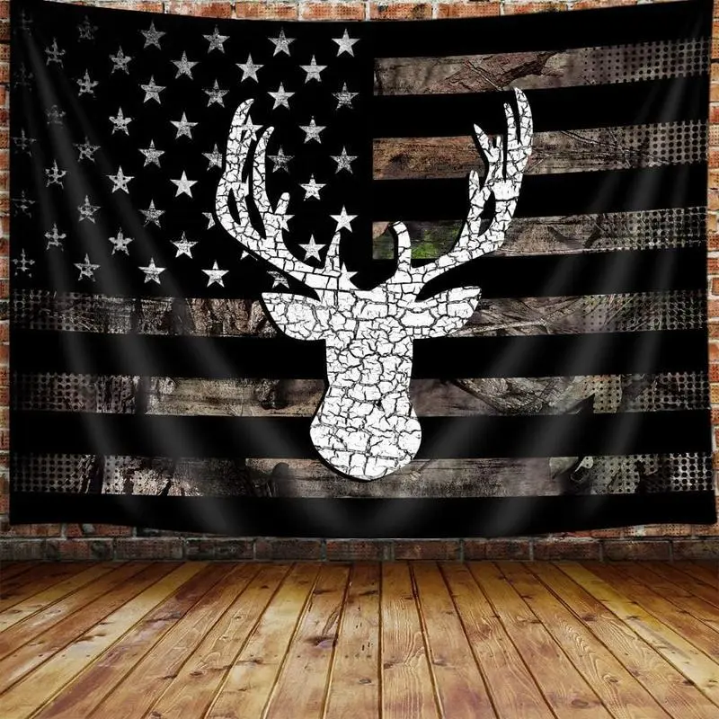 Tapestry  American Flag Hunting Tapestry, Western Black and White Country Deer Tapestry Wall Hanging for Men Bedroom Room, Rustic Camo Tapestries Poster Blanket College Dorm Home Decor