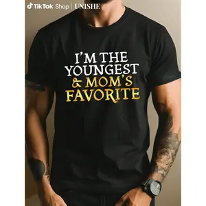 Unisex Breathable & Soft Cotton Tee – Black with Bold Golden I'm The Youngest & Mom's Favorite Text