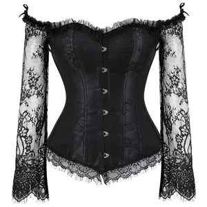 Renaissance Corset Top With Sleeves for Women 3/4 Corset Sleeve Plus Size Corsets Renaissance Corset Strap Black Costumes Princess Overbust