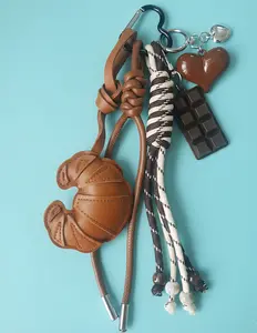 PU Leather Croissant Bag Charm Set, featuring Chocolate Bar Charm, Heart & Leather Knot Keyrings, Versatile Plush Keychain for Purse, Handbag, Backpack